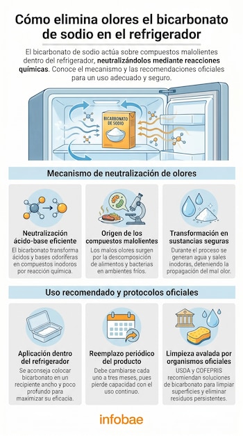 Infografía detallada sobre cómo el bicarbonato de sodio elimina los olores del refrigerador, mostrando su mecanismo de acción y recomendaciones de uso.