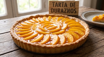 Tarta con rodajas de durazno dispuestas en espiral, un letrero de madera y una porción en un plato sobre una mesa de madera.