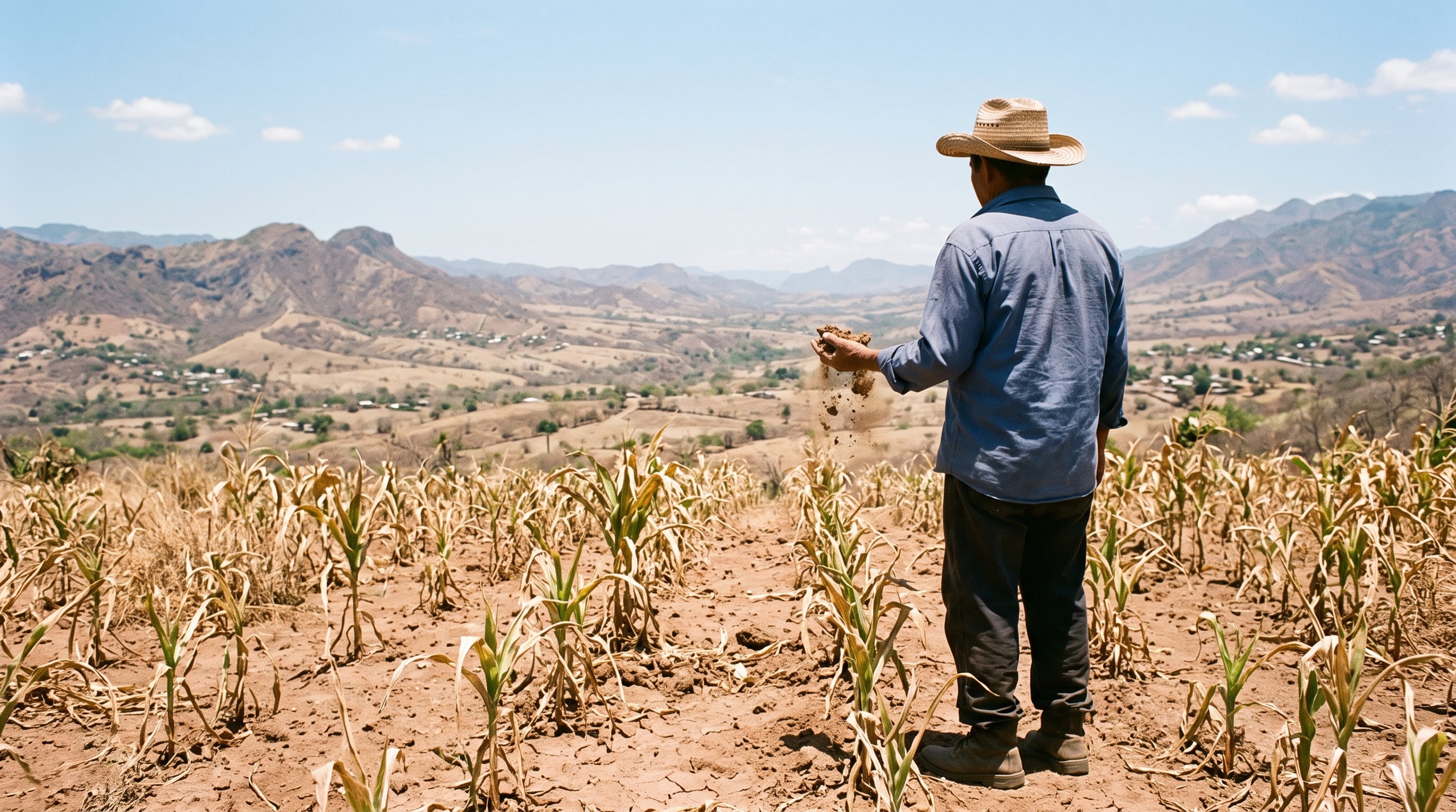 Un agricultor sostiene tierra seca frente a su cultivo de maíz afectado por la sequía. (Imagen Ilustrativa Infobae)