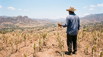 Agricultor de espaldas con sombrero de paja y camisa azul sostiene tierra seca sobre un cultivo seco frente a valles montañosos.