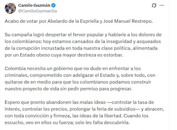 Camilo Guzmán, director ejecutivo de Libertank, dijo que la campaña de Abelardo de la Espriella logró despertar el fervor popular - crédito @CamiloGuzmanSa/X