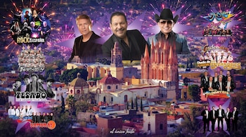 Collage de varios cantantes y agrupaciones musicales sobre un paisaje urbano con una iglesia neogótica y fuegos artificiales.