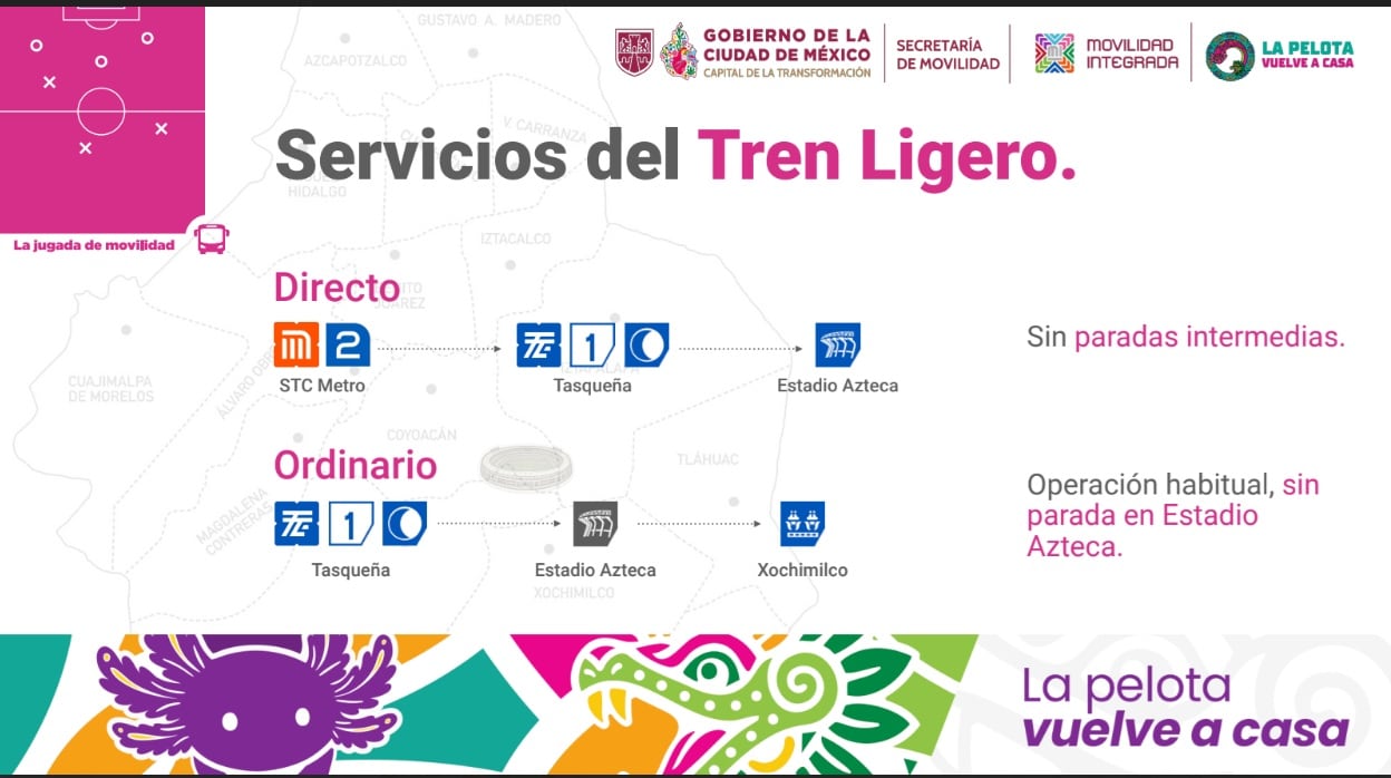 Este mapa detalla las rutas de los servicios directo y ordinario del Tren Ligero hacia el Estadio Azteca y Xochimilco para la inauguración del Mundial 2026 en la Ciudad de México. (Jefatura Gobierno CDMX FIFA)