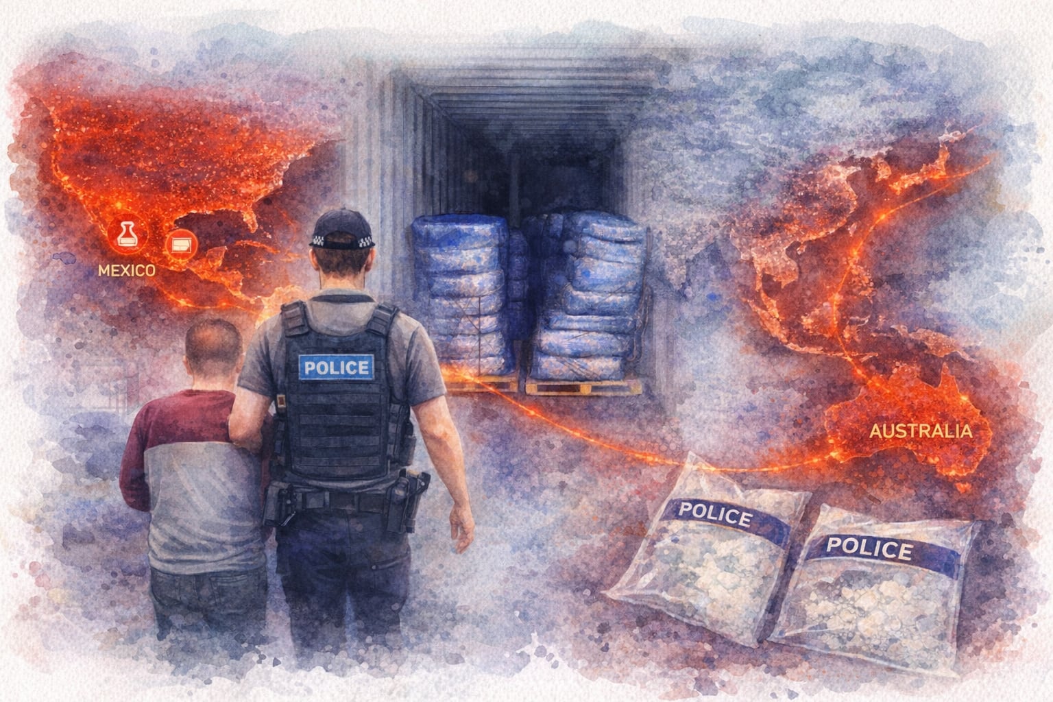 La combinación de producción constante, mayor sofisticación técnica y acceso parcial a insumos ha facilitado la llegada de cargamentos mexicanos de metanfetamina a mercados de alto valor como Australia y Nueva Zelanda. (Imagen ilustrativa generada con IA | Infobae México)