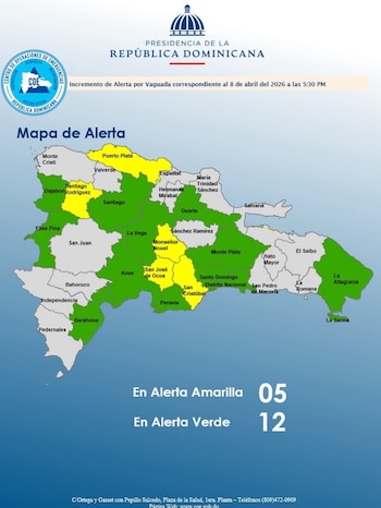 El COE mantiene 05 provincias en alerta amarilla y 11 y el Distrito Nacional en verde. (Cortesía: Centro de Operaciones de Emergencias)