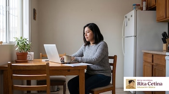 Mujer mexicana de unos 30 años sentada a una mesa de madera en una cocina, mirando una laptop. Una ventana y un refrigerador son visibles al fondo.