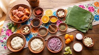 Cazuelas de barro con carne de cerdo, masa, hojas de plátano, cebolla morada, chiles habaneros y especias sobre un camino de mesa bordado.