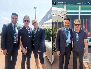 Falcao y Lorelei Tarón se tomaron fotos con Noel Gallagher de Oasis, en la final del Mundial 2026 - crédito @falcao/Instagram