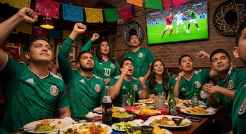 Grupo de aficionados mexicanos con playeras verdes del calendario azteca ven el partido de México vs Corea en un restaurante con banderas y comida.
