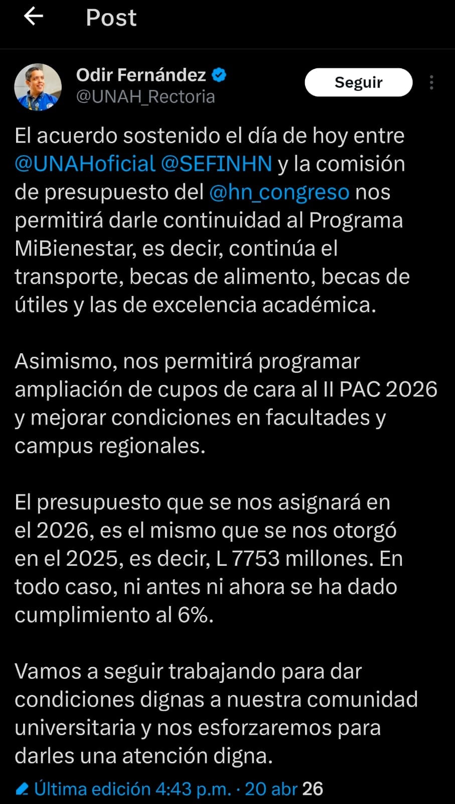 El rector Fernández confirmó que no se reducirá el presupuesto fiscal de la UNAH