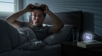 Hombre caucásico en cama, sentado con expresión de asombro y manos en el cabello. Mesita de noche con vaso de agua, libro y despertador digital que marca 1:55 AM.