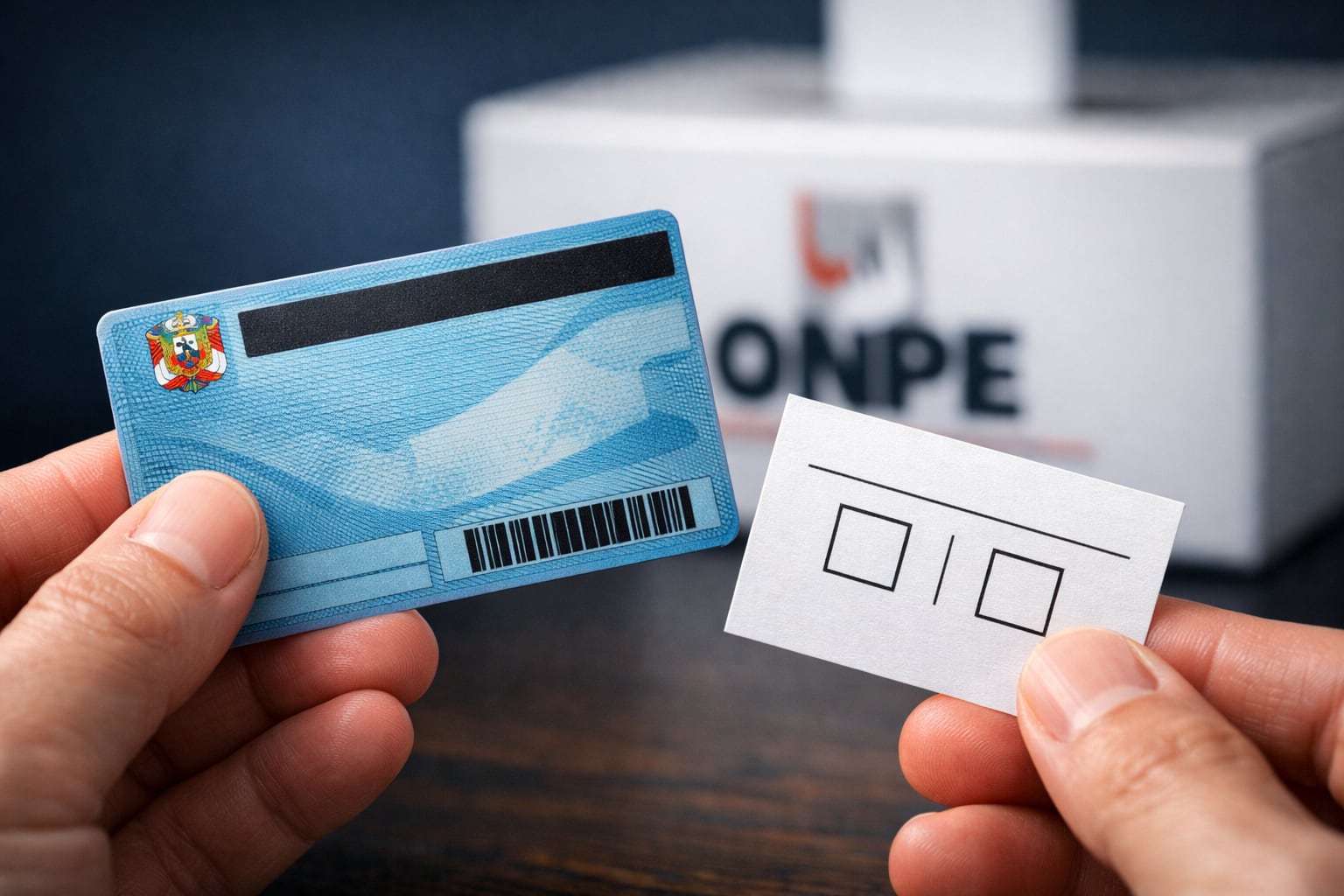 Una mano sostiene un DNI peruano azul sin holograma y una cédula de votación para segunda vuelta, con una urna de la ONPE desenfocada al fondo. (Imagen Ilustrativa Infobae)