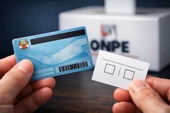 Primer plano de una mano sosteniendo un DNI peruano azul sin holograma y una cédula de votación simple. Una urna de la ONPE aparece desenfocada de fondo.