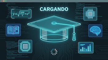 Un birrete holográfico azul, la palabra CARGANDO e iconos de chips, cerebro, libro y gráficos sobre un fondo con código informático.