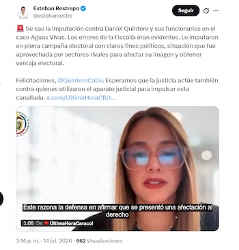 El secretario general de la Superintendencia Nacional de Salud, Esteban Restrepo, celebró la anulación de la formulación de imputación de cargos contra Daniel Quintero - crédito @estebanrestre/X