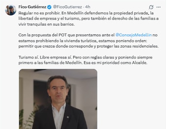 Federico Gutiérrez defendió la regulación de las viviendas turísticas dentro de la modificación del Plan de Ordenamiento Territorial de Medellín - crédito @FicoGutierrez/X