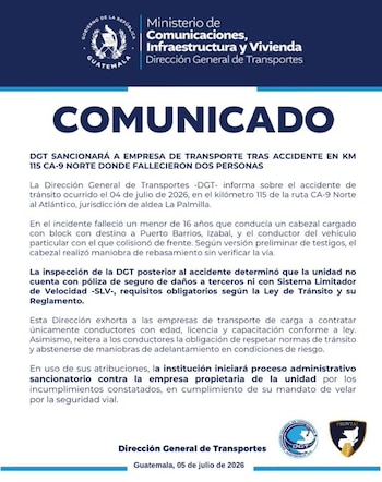 La DGT emitió un comunicado donde informó de sanciones en contra de la empresa propietaria del tráiler que provocó un accidente de tránsito donde fallecieron dos personas.