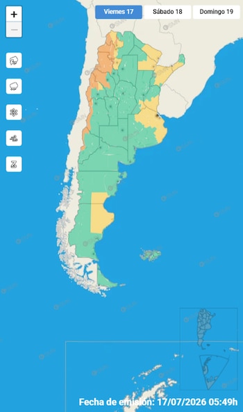 Mapa de Argentina con áreas coloreadas en verde, amarillo y naranja. Iconos de lluvia, nieve, viento y tormenta. Fechas 17, 18, 19 de julio de 2026
