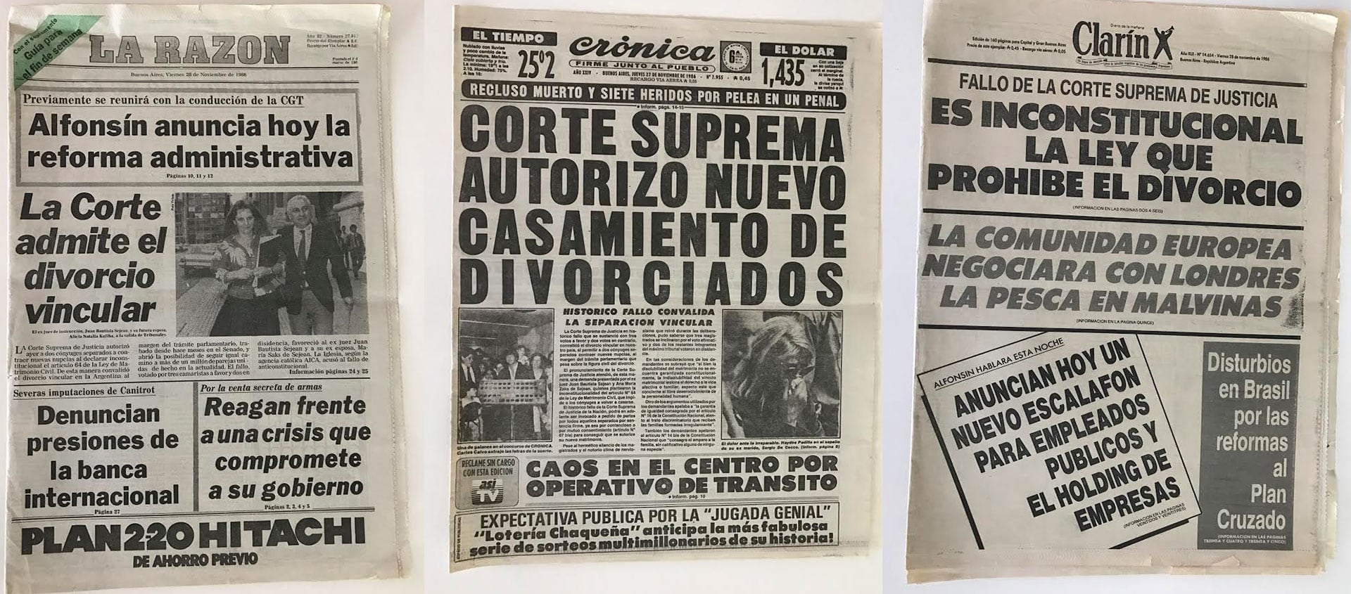 El fallo de la Corte sobre el divorcio vincular tuvo una gran cobertura en los medios de comunicación. Aquí las portadas de los diarios La Razón, Crónica y Clarín