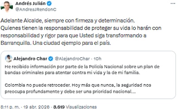 Andrés Julián Rendón expresó apoyo a Alejandro Char y pidió protección para el alcalde de Barranquilla - crédito @AndresJRendonC/X