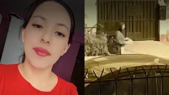 Composición con el retrato de una joven vestida con camiseta roja a la izquierda y una captura de cámara de seguridad a la derecha
