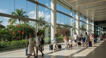 Personas con maletas caminan dentro de un aeropuerto con grandes ventanales. Afuera se ven palmeras, arbustos con flores rojas y un cielo azul.