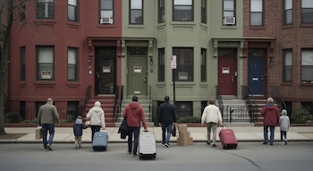 Varias personas con maletas y cajas caminan por una calle de Boston. Al fondo, edificios residenciales de ladrillo rojo y verde con letreros de 'For Rent' en sus ventanas.