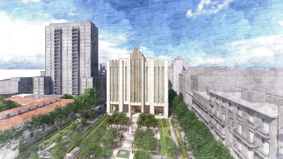 El templo estaría sobre la avenida Córdoba, con una altura máxima de 36,5 metros. Imagen: Proyecto de la Iglesia de Jesucristo de los Santos de los Últimos Días.