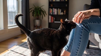 Un gato negro con una mancha blanca en el pecho acaricia la rodilla de una persona vestida con pantalones vaqueros en un interior iluminado.