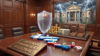 Mesa de madera con placa 'DEFENSA FINANCIERA REGIONAL', mapa de Centroamérica con escudos, banco privado, rayos con 'CRISIS', dinero, monedas y libros 'AHORROS'.