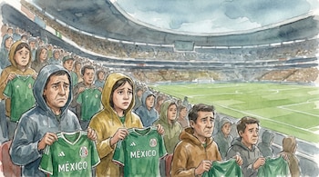 Ilustración acuarela de aficionados de fútbol con expresiones de preocupación en las gradas de un estadio, algunos sosteniendo camisetas verdes de México.