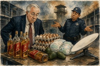 Ilustración de un hombre en traje y un guardia mirando una mesa con botellas de licor, huevos, pañales, aguacates y una antena parabólica.