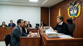 Jueza, hombre y mujer sentados ante una mesa con micrófonos y documentos. Detrás, el escudo de Colombia y un letrero de Juzgado de Familia.