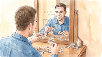 Ilustración en acuarela de un hombre colocando piezas de rompecabezas frente a un espejo que muestra su rostro sonriente.