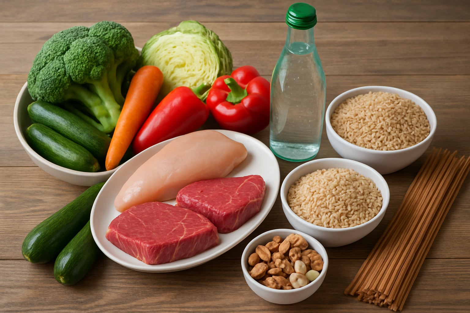 Una variedad de alimentos frescos y nutritivos, incluyendo carne magra, pollo, verduras, arroz integral, frutos secos, pasta integral y agua, dispuestos sobre una mesa de madera. La imagen resalta la importancia de una alimentación balanceada para promover la salud y el bienestar. (Imagen Ilustrativa Infobae)