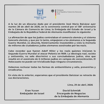 Alemania e Israel piden rectificación a José Balcázar por declaraciones sobre judíos y la Segunda Guerra Mundial. (Foto: FB/@EmbajadaAlemanaLima)