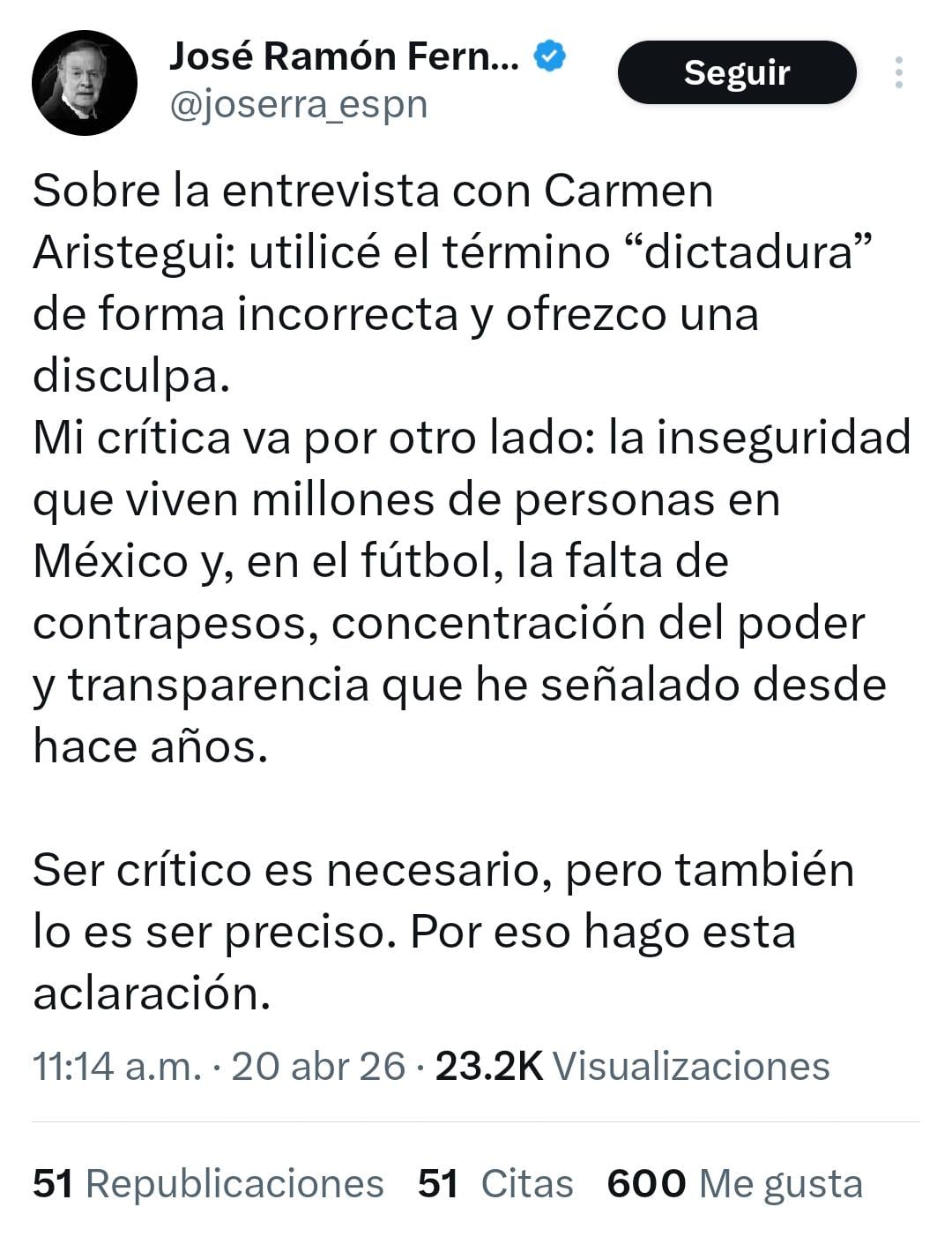 José Ramón Fernández emite una disculpa pública en Twitter por usar de forma incorrecta el término