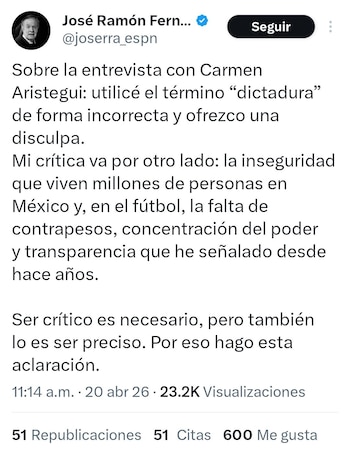 Captura de pantalla de un tuit de José Ramón Fernández en X (antes Twitter) disculpándose por el uso de un término y aclarando sus críticas
