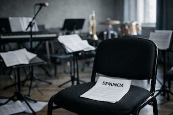 Una silla negra con un documento impreso que dice "DENUNCIA". Al fondo, atriles con partituras, un micrófono, un teclado, una trompeta y una batería.