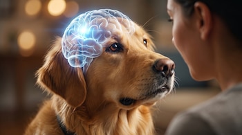 Primer plano de un golden retriever mirando a una persona, con una imagen digital del cerebro superpuesta en su cabeza y el hemisferio izquierdo iluminado.