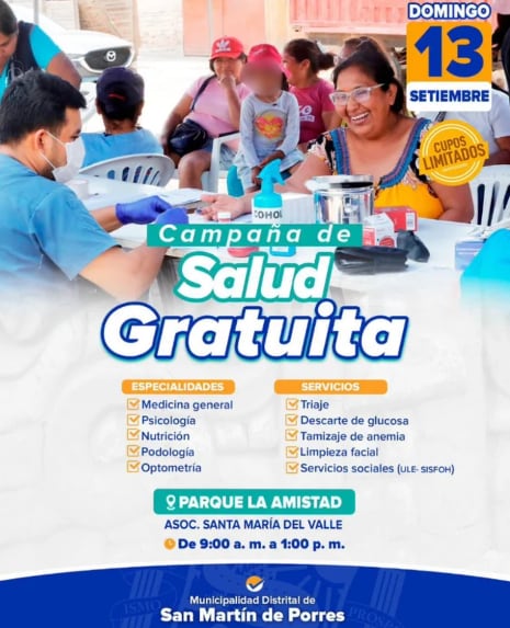 Los vecinos podrán acceder sin costo a consultas de medicina general, psicología, nutrición, podología y optometría - Créditos: Municipalidad de San Martín de Porres.