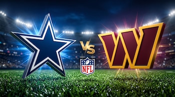 Estrella azul de los Dallas Cowboys y letra W borgoña de los Washington Commanders sobre césped con las letras VS y el logo de la NFL.