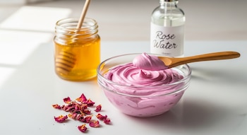 Mascarilla cremosa de arcilla rosa en cuenco de vidrio con cuchara de madera, junto a un tarro de miel, una botella de agua de rosas y pétalos secos.
