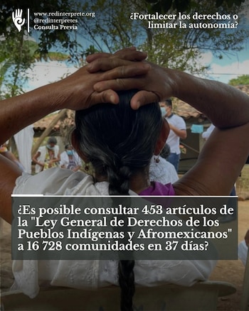 Una persona de espaldas con cabello trenzado y manos entrelazadas sobre la cabeza, sentada al aire libre con otras personas de fondo y textos superpuestos