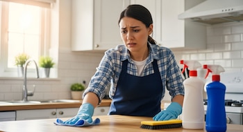 Mujer caucásica con camisa a cuadros y delantal azul limpia una encimera de cocina de madera clara con guantes celestes y un paño. Productos de limpieza a la derecha.