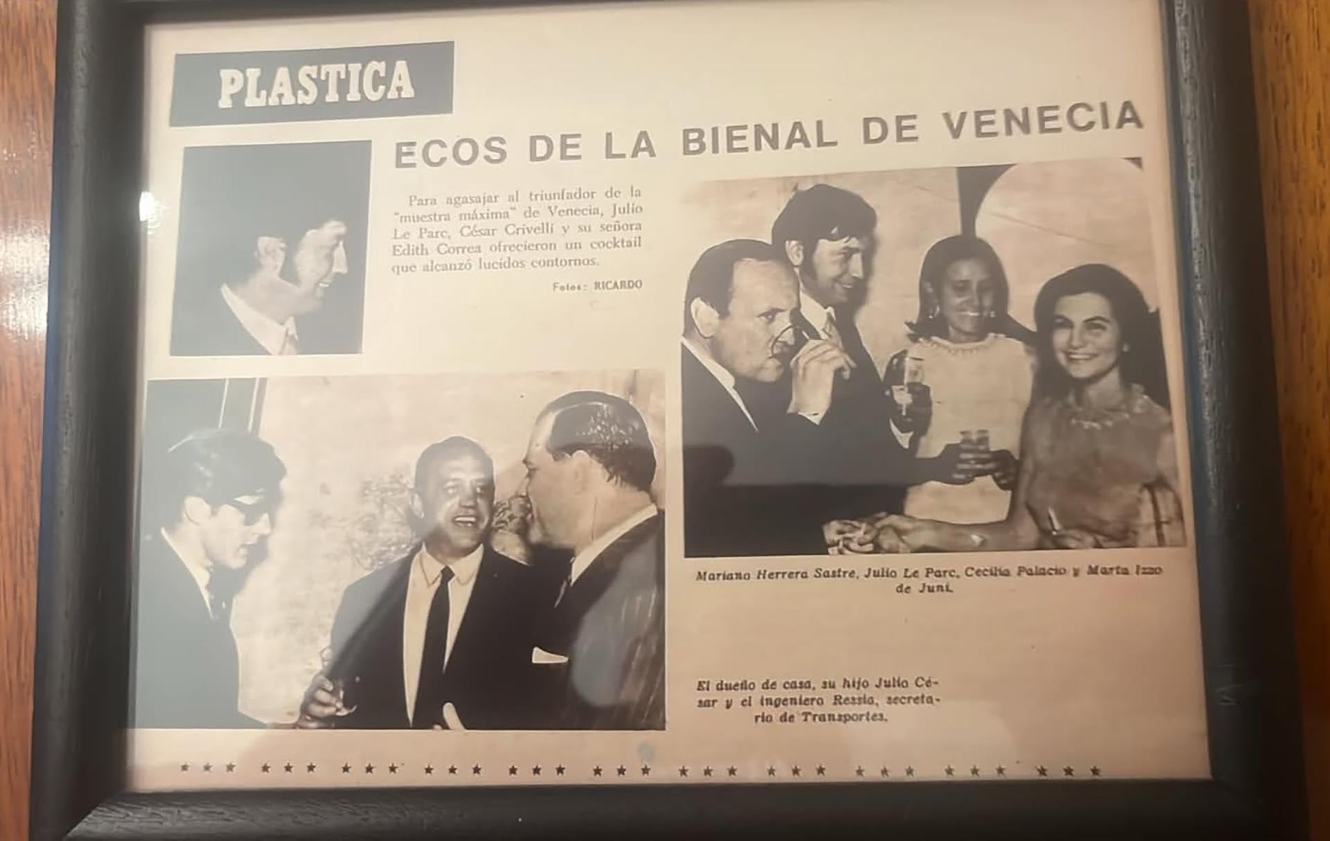 Recorte periodístico de cuando el artista Julio Le Parc celebró su triunfo en la Bienal de Venecia en la casa de los Crivelli