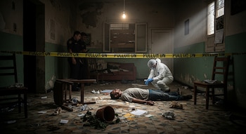 Hombre acostado en el suelo de una habitación deteriorada, investigador forense inclinado sobre él, dos policías de pie detrás de una cinta amarilla que cruza la escena.