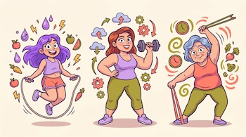 Ilustración de tres mujeres caricaturizadas, de diferentes edades, ejercitándose con una cuerda, una pesa y bandas elásticas, rodeadas de símbolos de salud.