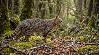 Gato de pelaje moteado y cola anillada camina sobre musgo y hojarasca entre troncos de árboles.