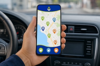 Mano sosteniendo un teléfono inteligente dentro de un vehículo, con un mapa en pantalla que muestra íconos de surtidores de combustible.